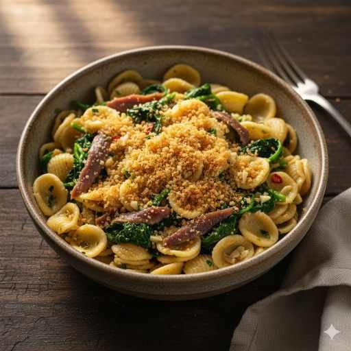 Orecchiette con friarielli, acciughe e pane tostato